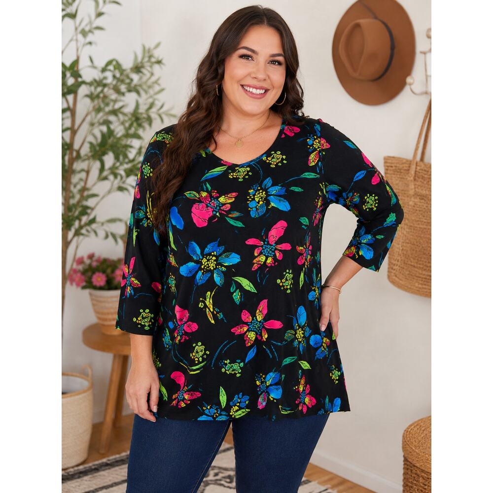 Choices Woman 2X Black Floral Tunic Top Boho Colorful Stretch Plus Size 3/4 Slv